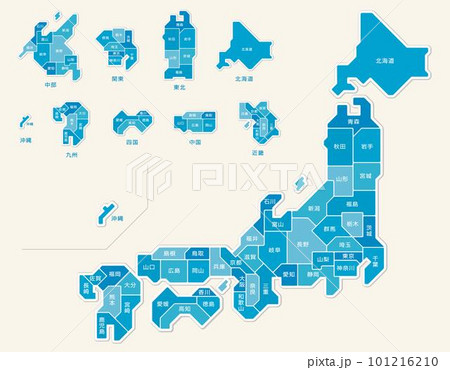日本地図　色分け青　都道府県名　イラスト 101216210
