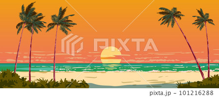 Sunset ocean view on the sand beach, palms, seashore, horizon 101216288