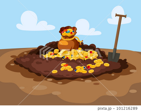 Treasure bag full of treasures, gold coins, Digging Hole in the ground, Treasure bag full of treasures, gold coins, Digging Hole in the ground, 101216289