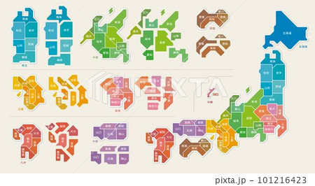 日本地図　色分け　都道府県名　イラスト 101216423