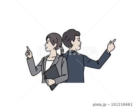 左右に指を差すスーツ姿の男女、ビジネスパーソンのイラスト 左右に指を差すスーツ姿の男女、ビジネスパーソンのイラスト 101216661