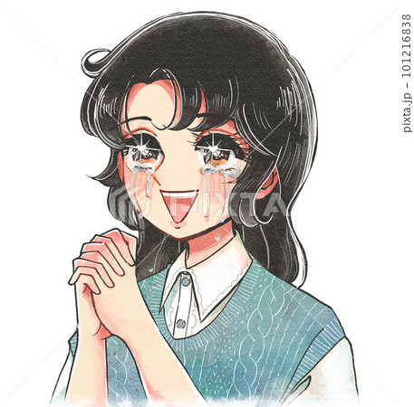 涙を流して手を組んで祈る女性のイラスト・少女漫画風 101216838