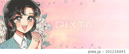手を組んで喜ぶ少女まんが風の女性・ゆめかわピンクバナー 101216841