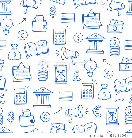 Money, business doodle seamless pattern background. Bank profit, money economy, finance doodle sketch style pattern with coin, megaphone, calculator element. 101217042