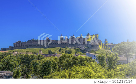 Medieval castle town of Carcassone, France and the stone bridge Medieval castle town of Carcassone, France and the stone bridge 101217114