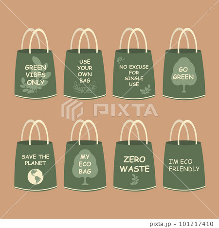 Set of Eco bags with text vector Illustration. Reusable shopping bag with lettering. Ecology shopping. Handbag with typography 101217410