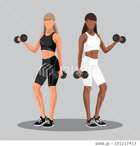 Faceless fitness Caucasian and African American women in sportswear standing and doing a workout with the dumbbells. Workout and sports training concept. Vector illustration 101217413