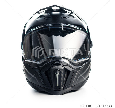 Black carbon motorcycle helmet. Offroad motocross helmet with shield isolated on white background. Black carbon motorcycle helmet. Offroad motocross helmet with shield isolated on white background. 101218253