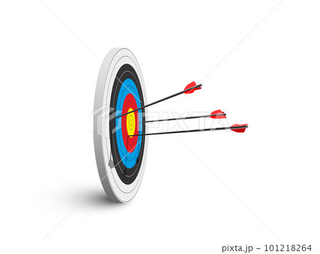 Archery target with three arrows isolated on white background. Vector poster or banner template. 101218264