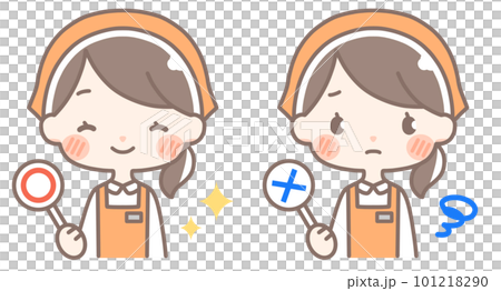 丸とバツの札を持つ店員の女性 101218290