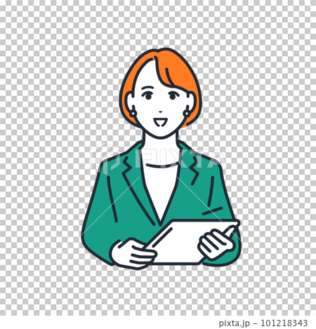 Simple vector illustration material of a young woman wearing a suit with a tablet terminal 101218343