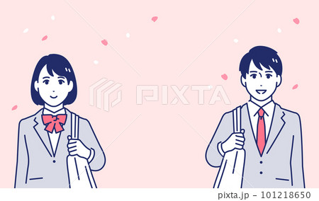 桜の下で正面を見る男女の学生のシンプルなベクターイラスト素材 101218650