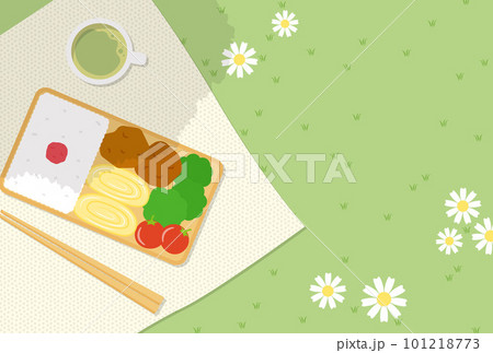 お弁当、箸、お茶、ランチクロス、芝生の背景イラスト 101218773