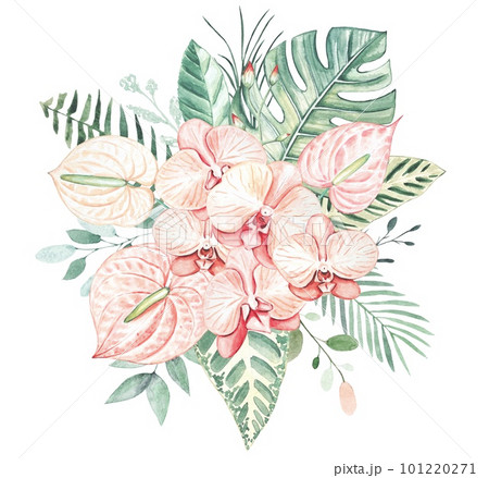 Bouquet with pink orchids and tropical leaves. Watercolor on white background 101220271