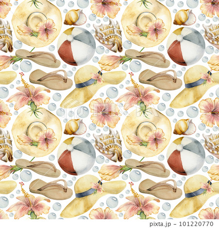 Hand drawn watercolor beach accessories, sun hat ball flip flop sandals hibiscus Seamless pattern. Isolated on white background. Wall art, wedding, print, fabric, cover, card, tourism, travel booklet. Hand drawn watercolor beach accessories, sun hat ball flip flop sandals hibiscus Seamless pattern. Isolated on white background. Wall art, wedding, print, fabric, cover, card, tourism, travel booklet. 101220770