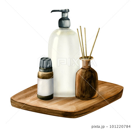 Watercolor aroma diffuser glass bottle, essential oil, shower gel dispenser isolated on wooden desk on white background. For spa salons, aromatherapy, massage advertisment, home decor designs Watercolor aroma diffuser glass bottle, essential oil, shower gel dispenser isolated on wooden desk on white background. For spa salons, aromatherapy, massage advertisment, home decor designs 101220784