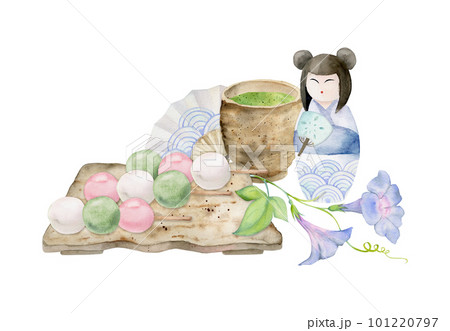 Watercolor hand drawn traditional Japanese sweets. Ceramic dish, dango, summer wagashi. Isolated on white background. Design for invitations, restaurant menu, greeting cards, print, textile 101220797
