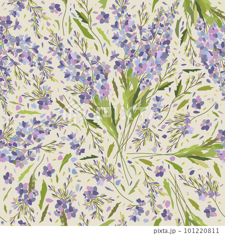 Vector seamless floral pattern with blue flowers and green leaves on light beige background. Delphinium. Soft pastel ornament. 101220811