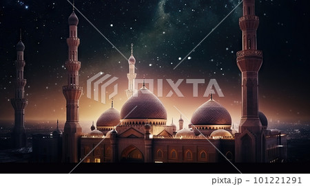 AI generated Ramadan Kareem background with mosque and crescent moon 101221291