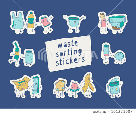 Set of stickers for waste sorting trash cans. Cute kawaii trash characters. Vector illustrations for design, stickers, etc. Set of stickers for waste sorting trash cans. Cute kawaii trash characters. Vector illustrations for design, stickers, etc. 101221607