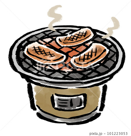 七輪で焼く焼き肉　筆タッチ手描きイラスト 101223053