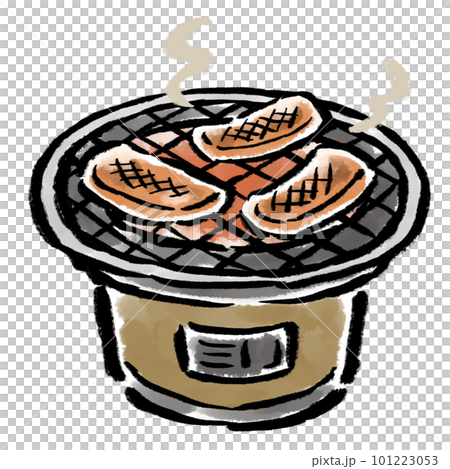 七輪で焼く焼き肉　筆タッチ手描きイラスト 101223053