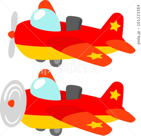 赤いプロペラ飛行機のデフォルメイラストのイラスト素材 [101223564