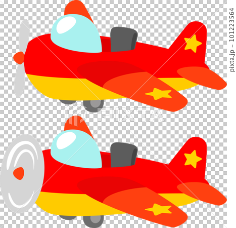 赤いプロペラ飛行機のデフォルメイラストのイラスト素材 [101223564