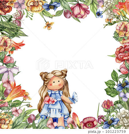 Watercolor square flower frame in cartoon style with a cute girl doll in a dress. Cartoon hand drawn background with flower princess and yellow flowers for kids design. Perfect for wedding invitation. Watercolor square flower frame in cartoon style with a cute girl doll in a dress. Cartoon hand drawn background with flower princess and yellow flowers for kids design. Perfect for wedding invitation. 101223759