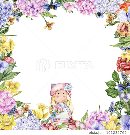 Watercolor square flower frame in cartoon style with a cute girl doll in a dress. Cartoon hand drawn background with flower princess and yellow flowers for kids design. Perfect for wedding invitation. Watercolor square flower frame in cartoon style with a cute girl doll in a dress. Cartoon hand drawn background with flower princess and yellow flowers for kids design. Perfect for wedding invitation. 101223762