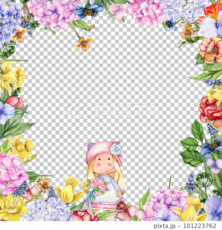 Watercolor square flower frame in cartoon style with a cute girl doll in a dress. Cartoon hand drawn background with flower princess and yellow flowers for kids design. Perfect for wedding invitation. Watercolor square flower frame in cartoon style with a cute girl doll in a dress. Cartoon hand drawn background with flower princess and yellow flowers for kids design. Perfect for wedding invitation. 101223762