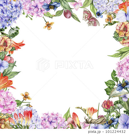 Watercolor hand drawn spring garden full of flowers square frame. Watercolor illustration for scrapbooking. Cartoon hand drawn background with flower for kids design. Perfect for wedding invitation 101224432