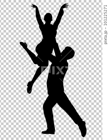 一個男人高舉一個女人表演雜技舞蹈的剪影插圖 101225271