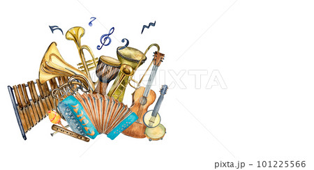 Composition of jazz musical instruments and symbol watercolor illustration isolated. 101225566