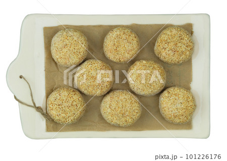Preparation of homemade meat cutlets. Ready for cooking. Frozen cutlets. Top view. Preparation of homemade meat cutlets. Ready for cooking. Frozen cutlets. Top view. 101226176
