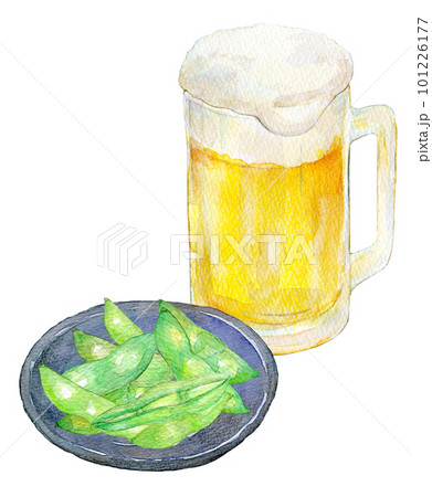 枝豆とビール　晩酌セット　水彩イラスト 101226177