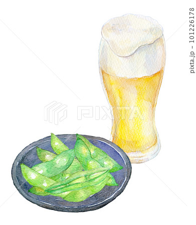 枝豆とビール　晩酌セット　水彩イラスト 101226178