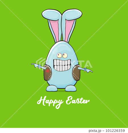 Easter bunny badass and funny cartoon character with bunny ears isolated on green background. rock n roll easter party poster or happy easter greeting card with blue rabbit 101226359