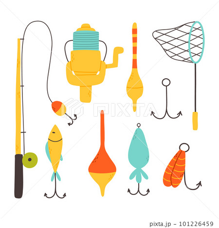 Set of elements for fishing.Collection of tackle and lures for fishing. Vector illustration. Flat style. Bright set for summer fishing. 101226459