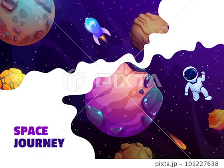 Outer space, cartoon astronaut in galaxy space stars and planets, vector background. Space journey of spaceman and spaceship rockets in fantasy galaxy with alien planets, meteorites and asteroids 101227638