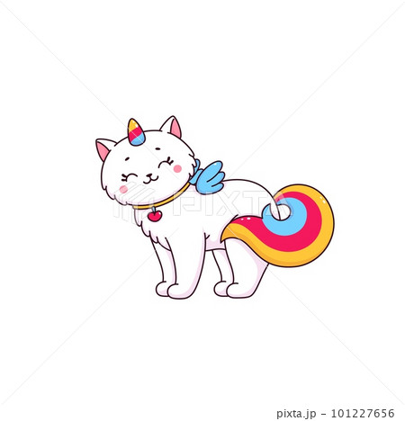 Cartoon cute caticorn character. Vector kawaii magic unicorn cat, fantasy animal personage with colorful tail, wings and horn. Funny magical kitten, isolated sweet kitty with smiling happy face 101227656