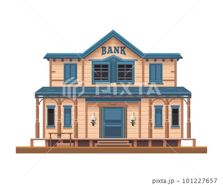 Western, Wild West bank or town building, old American wood architecture, isolated vector. Western country or Wild West American bank building facade with wooden windows and entrance 101227657