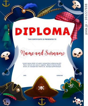 Kids diploma. Cartoon pirate hats and tricorn, sabers and skulls with crossbones vector certificate or award on vintage scroll. Pirate captain and sailor diploma for preschool education achievement 101227698