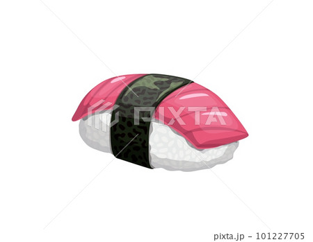 Cartoon sushi, vector food of japanese cuisine seafood restaurant. Tuna or salmon nigiri, maguro sushi with raw fish fillet, rice and nori seaweed. Susi bar takeout menu, bento box or plate ingredient 101227705