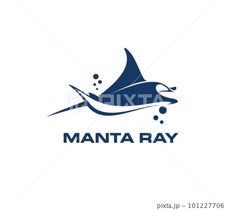 Manta ray animal symbol. Ocean mantaray, sea wildlife devilfish or seabed creature vector symbol. Oceanarium zoo, brand or company emblem with underwater skate or stingray animal 101227706