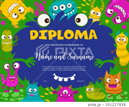 Kids diploma. Cartoon funny monster characters...のイラスト素材 [101227838 ...