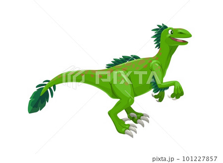 Cartoon raptor dinosaur character. Isolated vector velociraptor dino with feathers and green skin. Genus of small dromaeosaurid carnivorous reptile that lived in asia during the late Cretaceous Period Cartoon raptor dinosaur character. Isolated vector velociraptor dino with feathers and green skin. Genus of small dromaeosaurid carnivorous reptile that lived in asia during the late Cretaceous Period 101227857