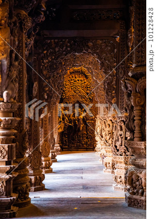 Wooden carving sculptures inside of the Sanctuary of Truth temple in Pattaya, Thailand Wooden carving sculptures inside of the Sanctuary of Truth temple in Pattaya, Thailand 101228428