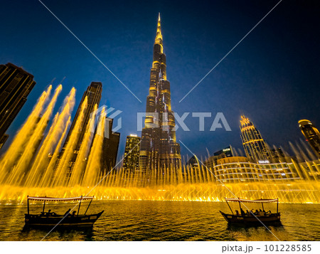 The Dubai Fountain show on Burj Khalifa Lake, in Downtown Dubai, United Arab Emirates The Dubai Fountain show on Burj Khalifa Lake, in Downtown Dubai, United Arab Emirates 101228585
