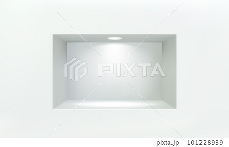 Empty niche or shelf on white wall with led spotlight 3D mockup Empty niche or shelf on white wall with led spotlight 3D mockup 101228939